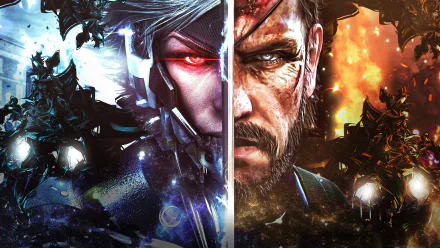 2K Quad HD PC wallpaper: split portraits of Raiden (Metal Gear) and Venom Snake, cybernetic warriors separated by a blade against icy blue and fiery orange Metal Gear Rising: Revengeance backdrop.