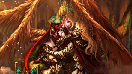 HD fantasy PC wallpaper featuring a loving couple with wings embracing in a fiery, magical forest setting.