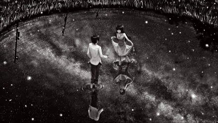 HD anime desktop wallpaper featuring a couple standing face-to-face, surrounded by a starry, reflective cosmic background symbolizing love and connection.