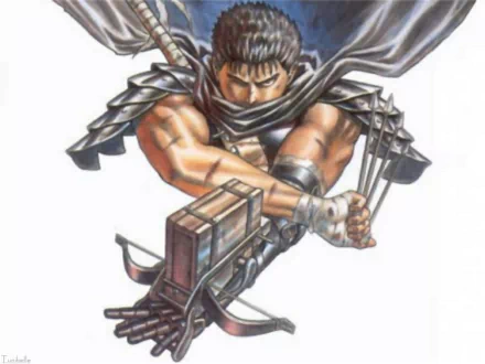 HD anime desktop wallpaper featuring Guts from Berserk, poised with his crossbow ready for battle in a dynamic action pose.