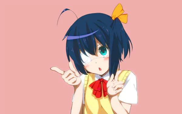 Rikka Takanashi from Love, Chunibyo & Other Delusions strikes a playful pose, featuring her signature eye patch and cheerful expression against a soft pink background. Perfect as a HD wallpaper.