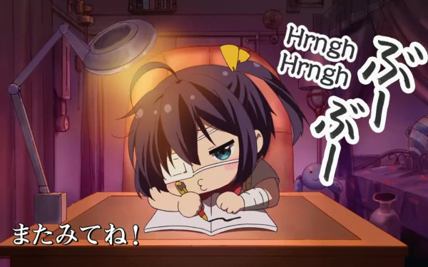 Rikka Takanashi from Love, Chunibyo & Other Delusions is shown studying at a desk, surrounded by a cozy, colorful background, capturing her unique charm and determination.