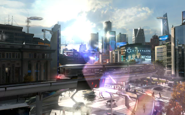 A vibrant HD wallpaper from the video game Detroit: Become Human, featuring a futuristic cityscape with a monorail and bustling streets under a bright sky.