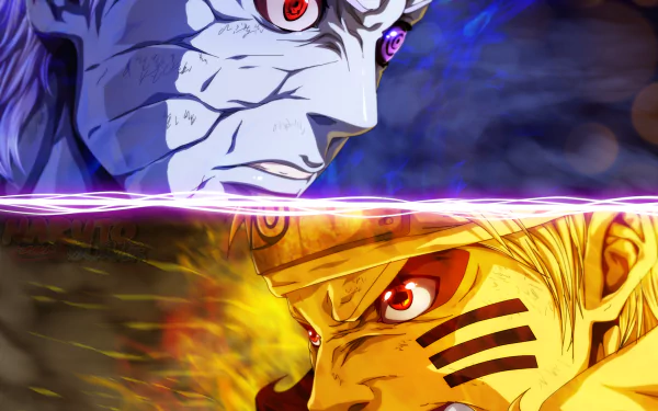 HD wallpaper featuring Obito Uchiha with Sharingan and Rinnegan above, and Naruto Uzumaki below, set against contrasting fiery and cool backgrounds.