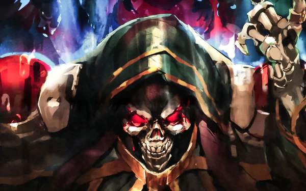 HD desktop wallpaper featuring Ainz Ooal Gown from the anime Overlord, showcasing the character with a dark, menacing expression and vibrant, detailed colors in the background.