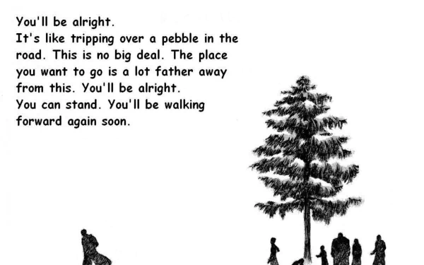 HD PC desktop wallpaper inspired by Berserk anime featuring a monochrome scene with a large tree, several silhouetted figures, and an encouraging motivational quote.