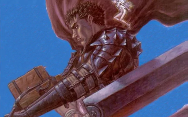 HD PC desktop wallpaper featuring Guts from Berserk in detailed armor with a large sword, highlighted against a blue sky, capturing the anime's intense atmosphere.