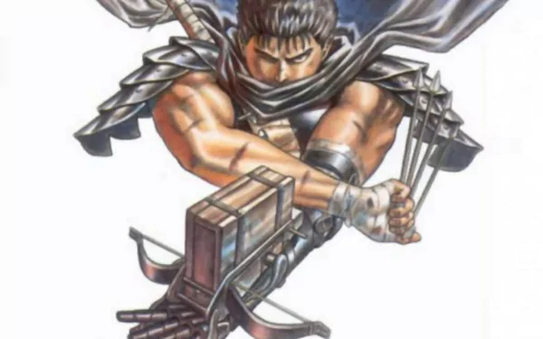 HD anime desktop wallpaper featuring Guts from Berserk, poised with his crossbow ready for battle in a dynamic action pose.