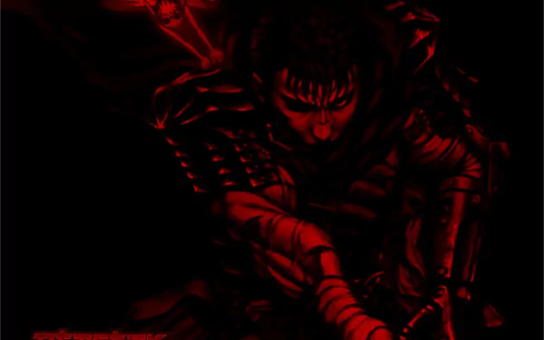 HD PC wallpaper of Guts (Berserk) in ominous red lighting, armored and gripping his massive sword, with small sprite Puck hovering beside him, anime-style background.