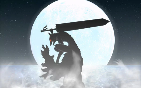 HD PC desktop wallpaper featuring a dark, silhouetted figure from the anime Berserk wielding a massive sword against a glowing full moon backdrop.