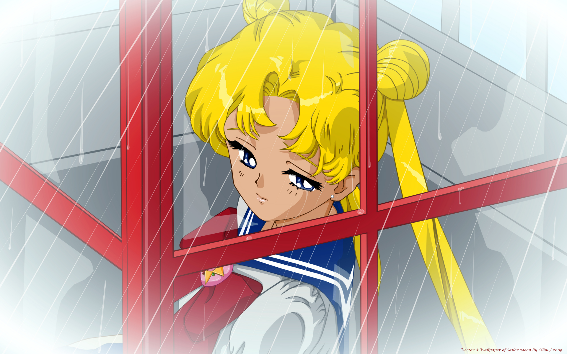 A vibrant HD anime wallpaper featuring Sailor Moon, shown with her iconic hairstyle, gazing thoughtfully through a rain-soaked window.
