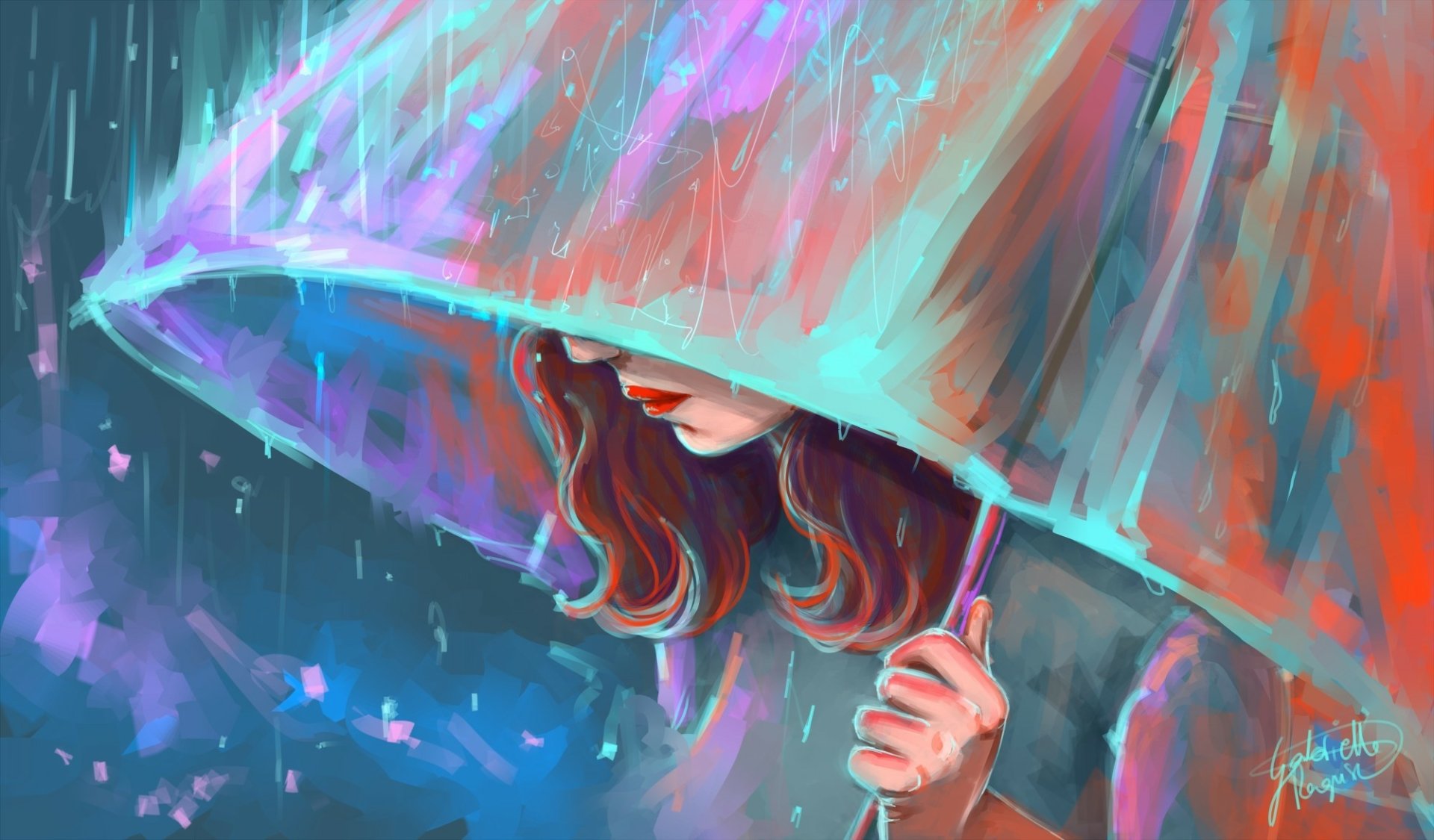 Artistic HD desktop wallpaper of a woman holding a colorful umbrella in the rain. The artwork is vibrant, with a mix of bright and dark hues adding depth and mood to the scene.