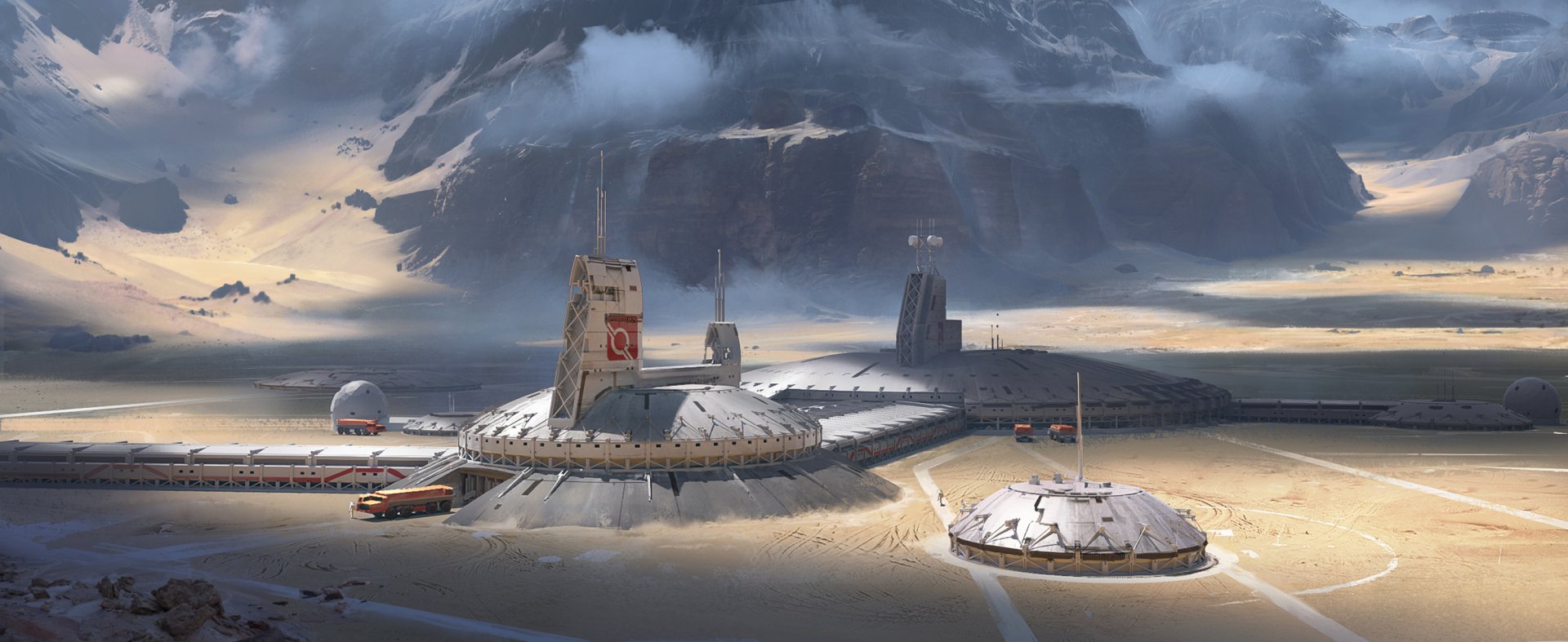 HD sci-fi cityscape wallpaper depicting futuristic dome structures and towering buildings under a dramatic cloudy sky in a desert-like environment.