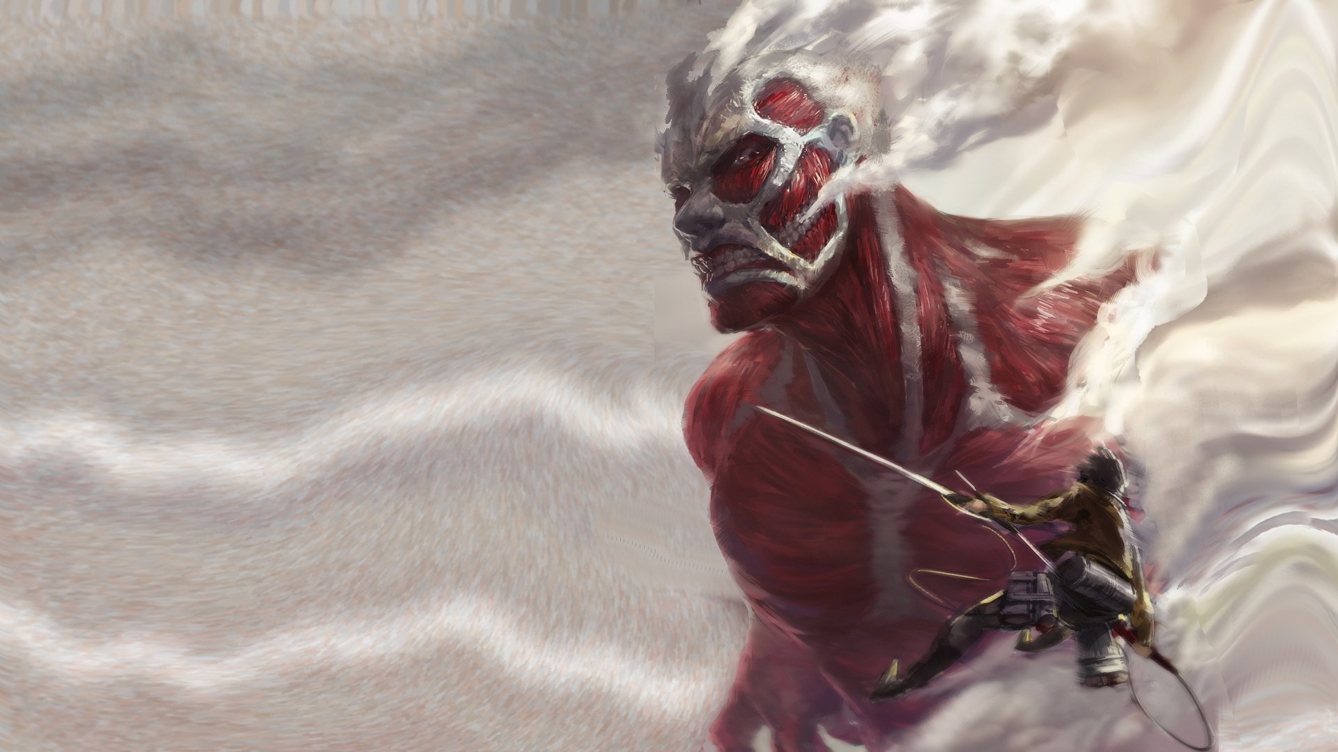 Anime HD PC wallpaper featuring a dynamic scene from Attack on Titan with a giant Titan engulfed in smoke and a soldier ready to strike.