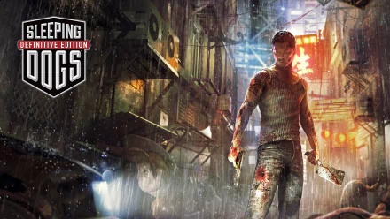 HD desktop wallpaper and background of the video game Sleeping Dogs, featuring a character standing in a rain-soaked alley holding a weapon, with neon lights and urban elements in the backdrop.