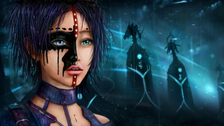 Dark fantasy HD PC wallpaper featuring a woman with striking face paint, intense blue eyes, and a mysterious, rain-soaked background with shadowy, armored figures.