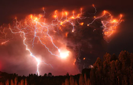 Dramatic HD desktop wallpaper featuring a volcano erupting with intense lightning illuminating the sky, showcasing the raw power of nature.