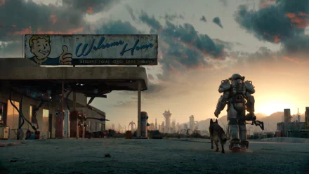 A character in Power Armor and the dog Dogmeat from Fallout 4 walk towards a sunset near a Welcome Home sign in a post-apocalyptic landscape, featured in a HD desktop wallpaper.