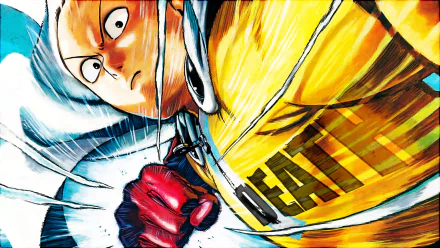 HD desktop wallpaper featuring Saitama from One-Punch Man. The vibrant anime artwork showcases him in action, wearing his iconic yellow suit with the word DEATH printed on it.