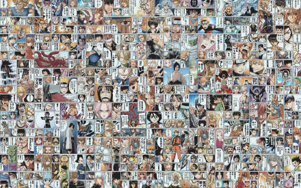 HD PC desktop wallpaper: dense collage of manga panels and anime characters from the video game Jump Ultimate Stars, a colorful, dynamic background.