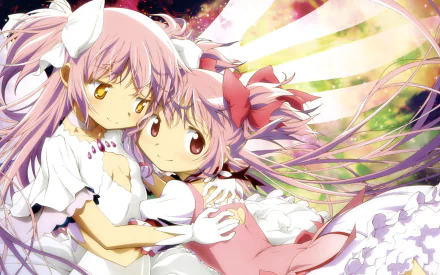 HD PC desktop wallpaper featuring Ultimate Madoka and Madoka Kaname from the anime Puella Magi Madoka Magica in a vibrant, celestial background.