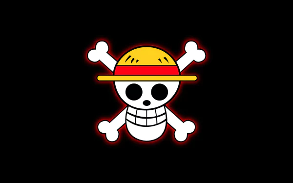 HD desktop wallpaper featuring the iconic skull logo from One Piece, set against a black background, showcasing the anime's adventurous spirit.