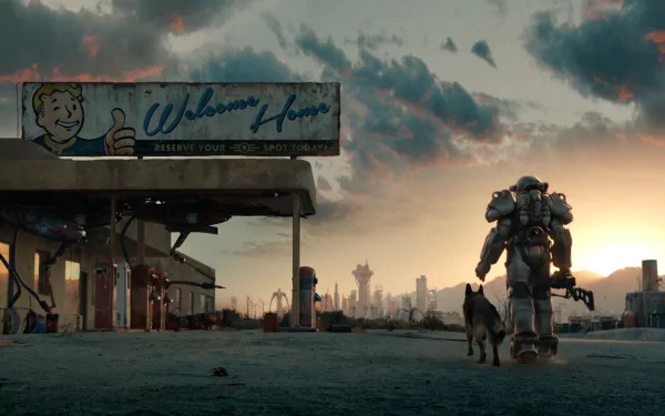 A character in Power Armor and the dog Dogmeat from Fallout 4 walk towards a sunset near a Welcome Home sign in a post-apocalyptic landscape, featured in a HD desktop wallpaper.
