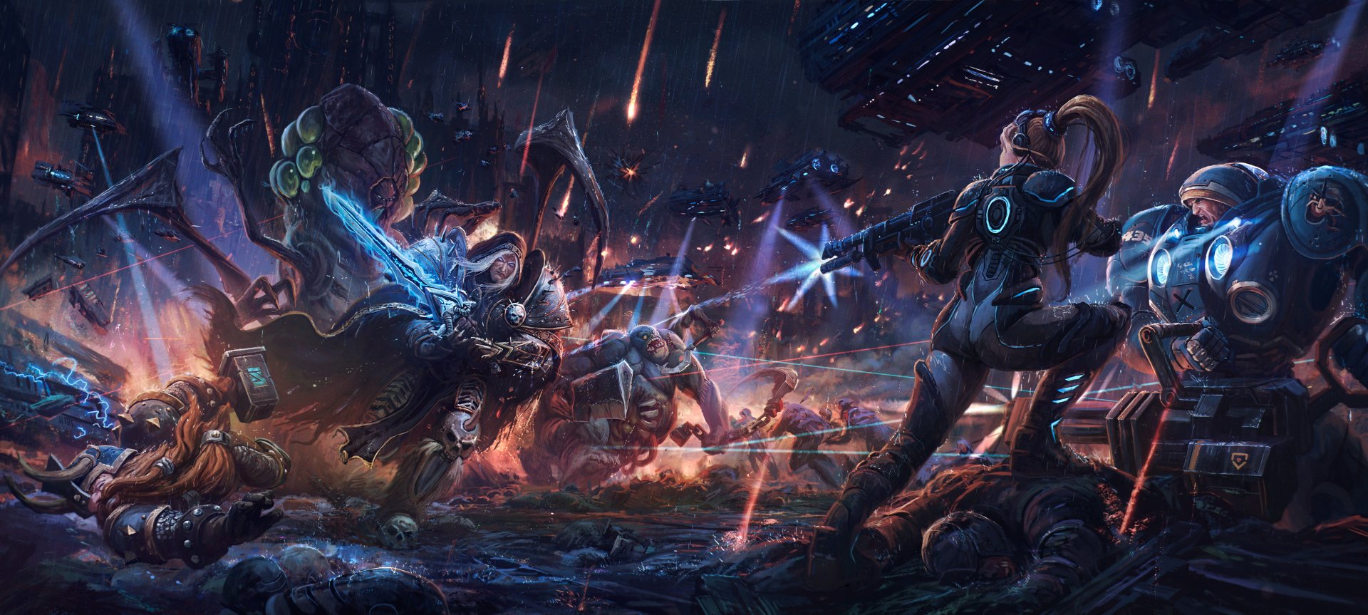 A dynamic HD wallpaper from the video game Heroes of the Storm, featuring a thrilling battle scene with characters wielding weapons amidst an intense environment.
