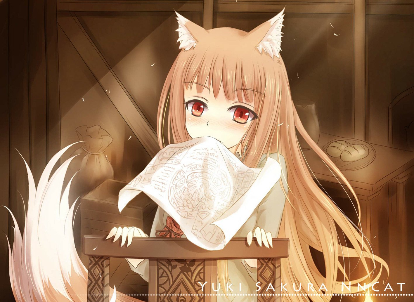 A captivating HD desktop wallpaper featuring Holo from *Spice and Wolf*, showcasing her signature fox ears and playful expression, set against a warm, inviting backdrop.