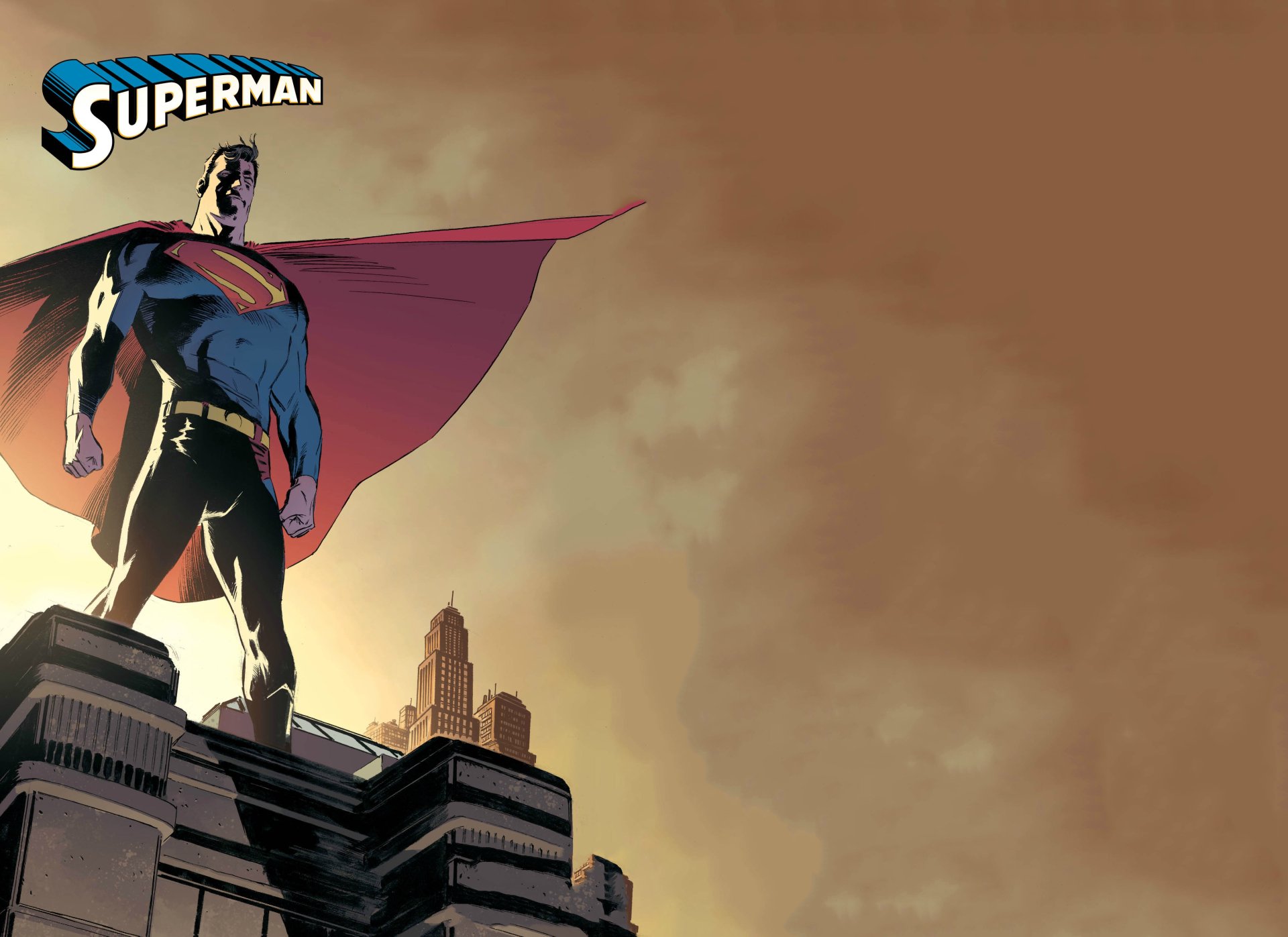 Comic-style Superman stands on a skyscraper ledge, cape billowing over a dusky city skyline — 4K Ultra HD PC desktop wallpaper/background.