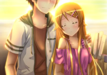 HD anime wallpaper featuring Oreimo characters Kyōsuke Kōsaka and Kirino Kousaka in a warm, sunlit setting.