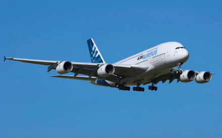 HD desktop wallpaper featuring an Airbus A380 aircraft in flight against a clear blue sky, showcasing the large commercial vehicle's design and power.