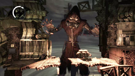 Scarecrow (Batman) from the Batman: Arkham Asylum video game — menacing figure on a crumbling rooftop, HD PC desktop wallpaper background.