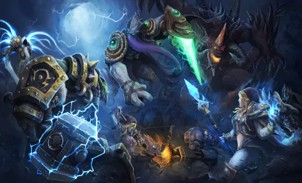 4K Ultra HD PC desktop wallpaper — Heroes of the Storm: armored and spellcasting heroes clash on a stormy, moonlit battlefield, lightning and glowing weapons.