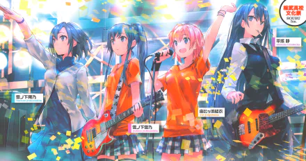 HD wallpaper featuring Shizuka Hiratsuka, Haruno Yukinoshita, Yui Yuigahama, and Yukino Yukinoshita from the anime My Teen Romantic Comedy SNAFU, depicted in a vibrant band performance scene.