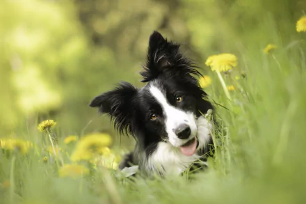 A playful border collie poses in a field of vibrant dandelions, with a soft bokeh effect in the background, creating a serene and charming atmosphere.