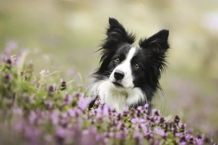 A beautiful border collie surrounded by vibrant purple flowers, captured with soft bokeh in the background. This HD image makes an enchanting desktop wallpaper.