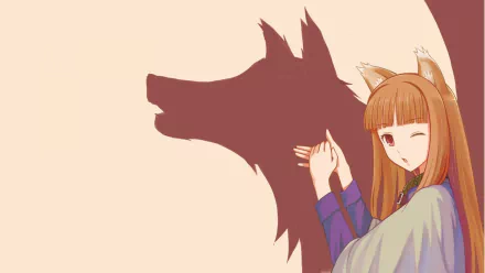 A vibrant HD desktop wallpaper featuring the character from Spice and Wolf, playfully interacting with a shadow of a wolf, showcasing an anime aesthetic.
