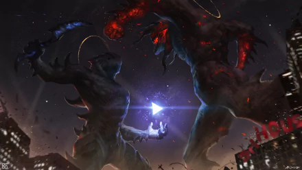 A dramatic fantasy battle scene featuring two powerful figures clashing amidst a dark city skyline, with vibrant colors and energy illuminating the night. HD wallpaper for a striking background.