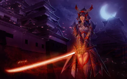 HD anime original desktop wallpaper featuring a warrior in glowing armor wielding a red energy sword against a moonlit castle backdrop.