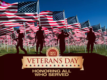Veterans Day holiday HD PC desktop wallpaper and background: silhouettes of soldiers saluting among rows of American flags with a Veterans Day — Honoring All banner.
