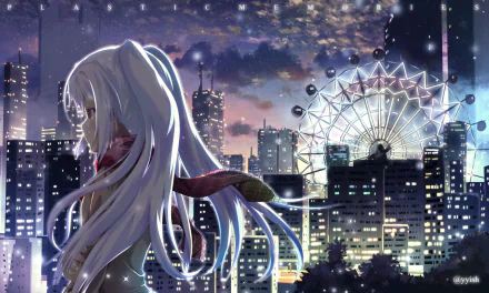 HD desktop wallpaper featuring Isla from the anime Plastic Memories, with a cityscape and Ferris wheel glowing softly at night.