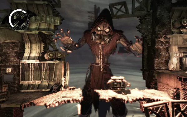 Scarecrow (Batman) from the Batman: Arkham Asylum video game — menacing figure on a crumbling rooftop, HD PC desktop wallpaper background.