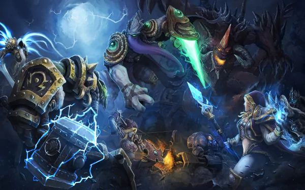 4K Ultra HD PC desktop wallpaper — Heroes of the Storm: armored and spellcasting heroes clash on a stormy, moonlit battlefield, lightning and glowing weapons.