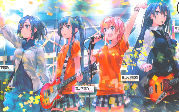 HD wallpaper featuring Shizuka Hiratsuka, Haruno Yukinoshita, Yui Yuigahama, and Yukino Yukinoshita from the anime My Teen Romantic Comedy SNAFU, depicted in a vibrant band performance scene.