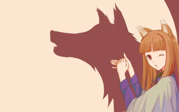 A vibrant HD desktop wallpaper featuring the character from Spice and Wolf, playfully interacting with a shadow of a wolf, showcasing an anime aesthetic.