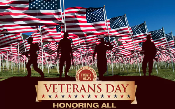 Veterans Day holiday HD PC desktop wallpaper and background: silhouettes of soldiers saluting among rows of American flags with a Veterans Day — Honoring All banner.