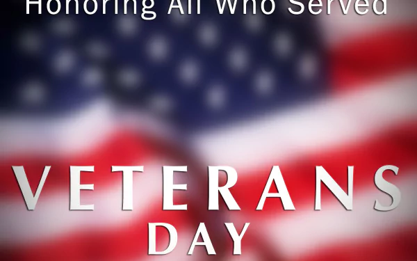 HD PC desktop wallpaper: blurred American flag background with Honoring All Who Served and bold VETERANS DAY text for the Veterans Day holiday