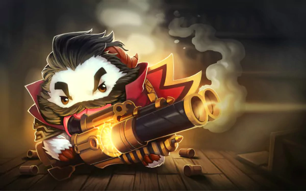 HD PC desktop wallpaper featuring Poro and Graves from League of Legends, with Graves firing his shotgun amid scattered bullet casings in a dynamic video game scene.