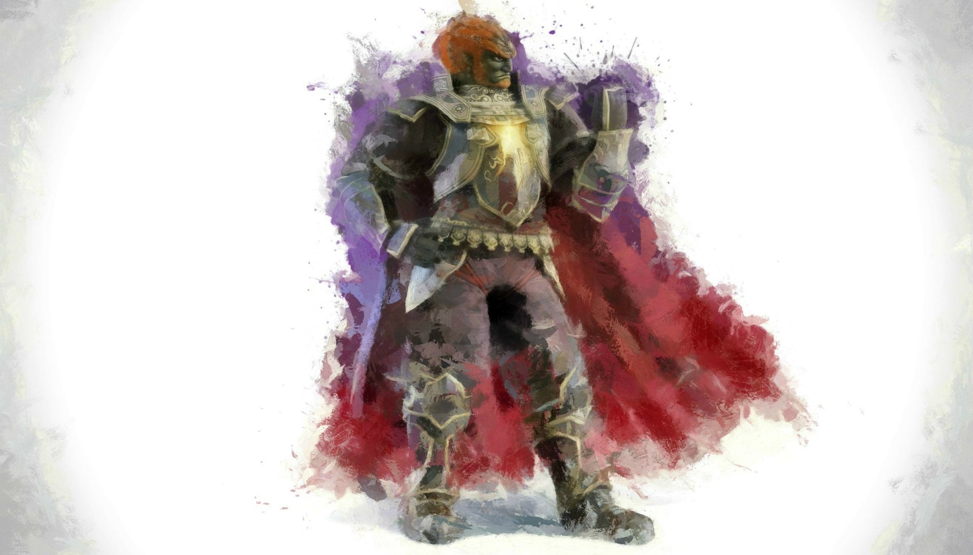 Watercolor 2K Quad HD desktop wallpaper of Ganondorf (The Legend of Zelda) in armored suit and flowing red cape — Super Smash Bros. for Nintendo 3DS and Wii U artwork.